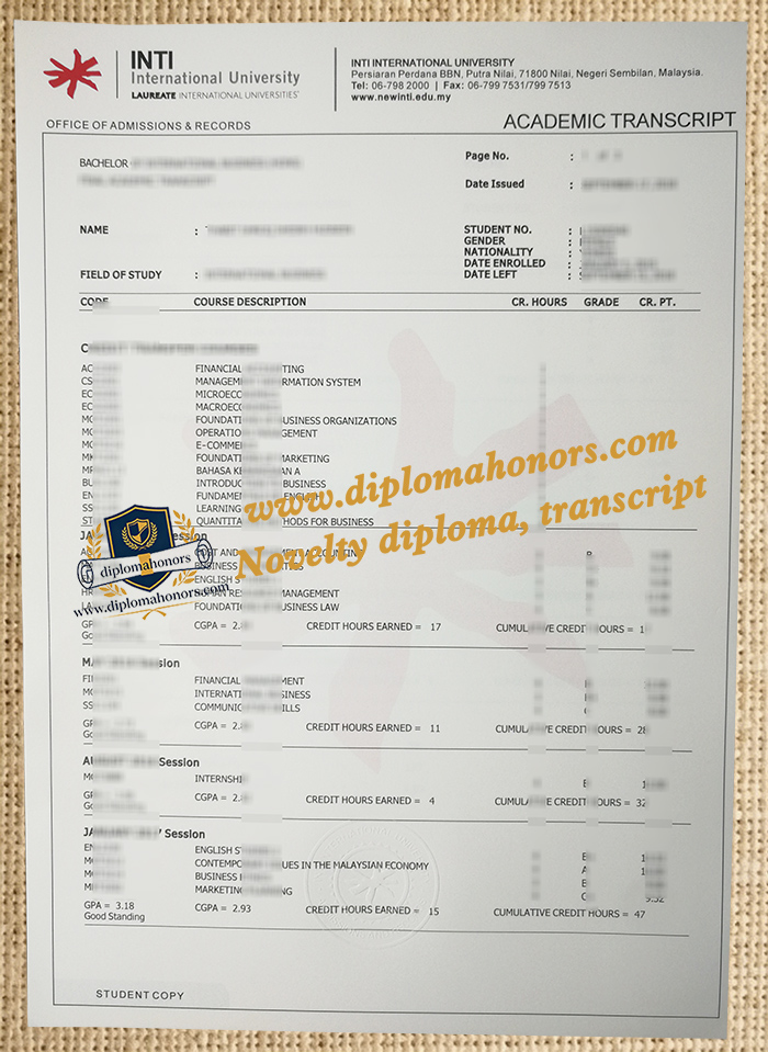 INTI International University transcript