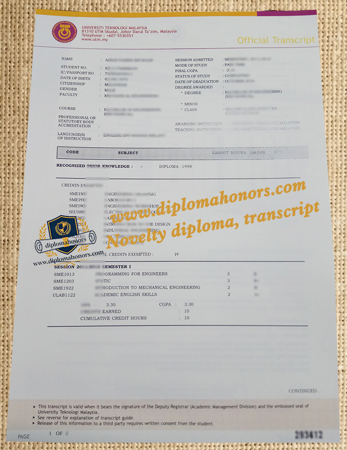 Universiti Teknologi Malaysia transcript